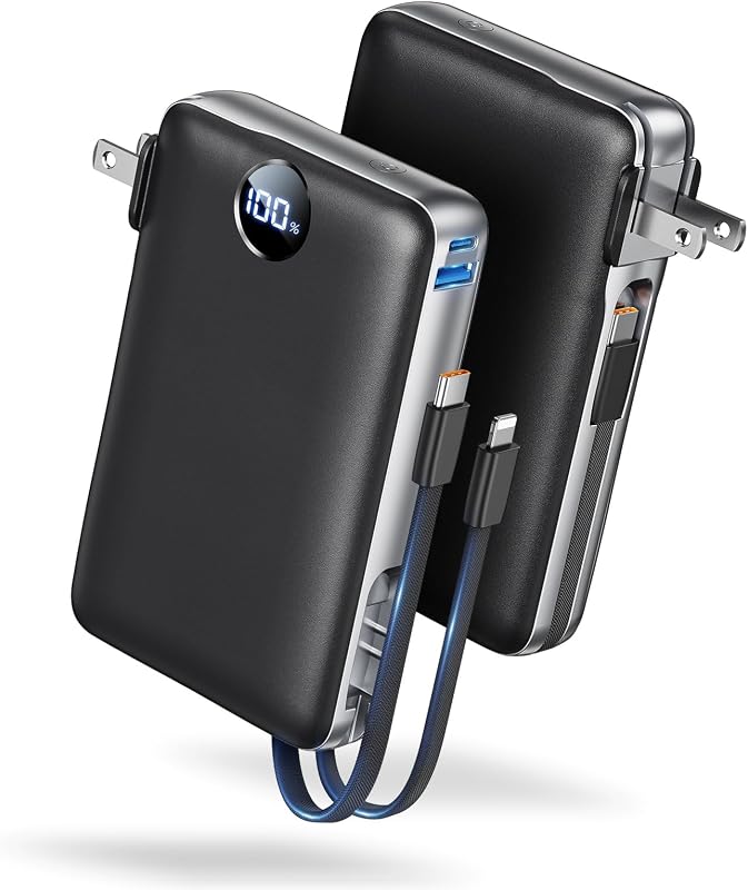 Cargador portátil Power Bank 50000mAh Capacidad masiva con enchufe de pared | Cables USB-C e iOS integrados, batería de carga rápida de 22,5 W con pantalla LED, esencial para viajes para acampar, iPhone, Samsung