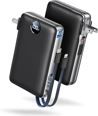 Portable Charger Power Bank 50000mAh Massive Capacity with Wall Plug | Built-in USB-C & iOS Cables, 22.5W Fast Charging Battery Pack with LED Display, Travel Essential for Camping, iPhone, Samsung