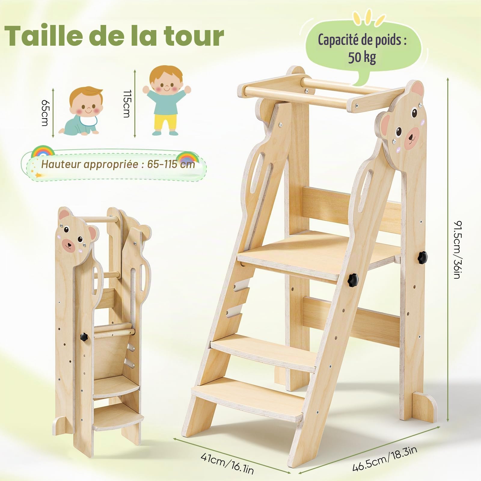 Tour pliable pour tout-petits - Tour d'apprentissage pour enfants - Réglable pour 18 mois à 5 ans - Conçue pour la sécurité