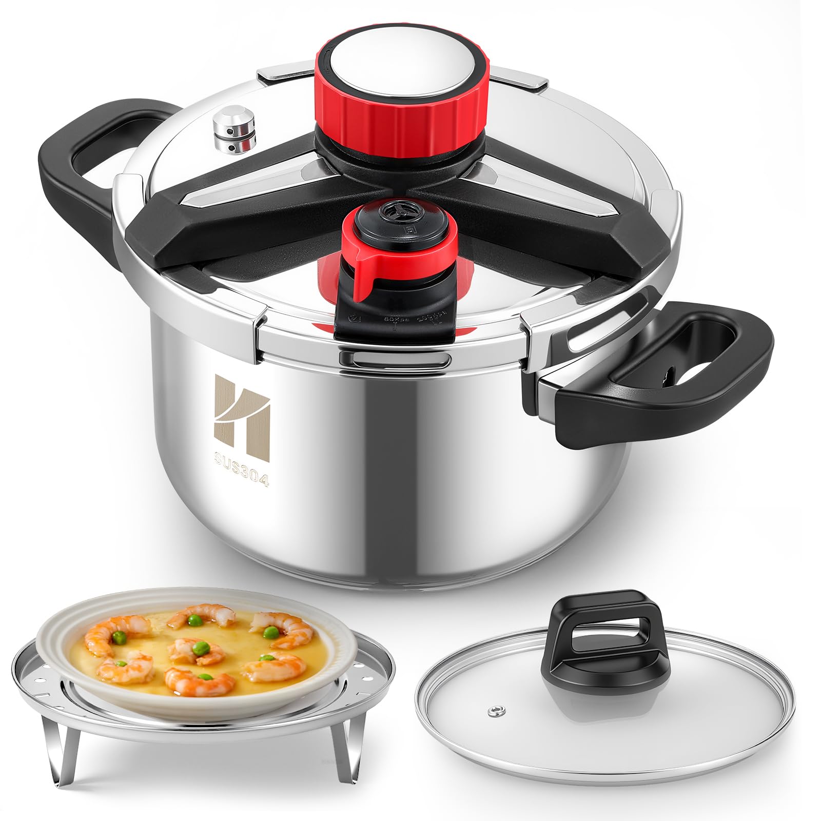 Huanyu Olla a presión 3 en 1 Ollas a presión de acero inoxidable de 5 litros con placa vaporera y tapa de cristal Olla a presión a prueba de explosiones Apta para todo tipo de cocinas (5 L)