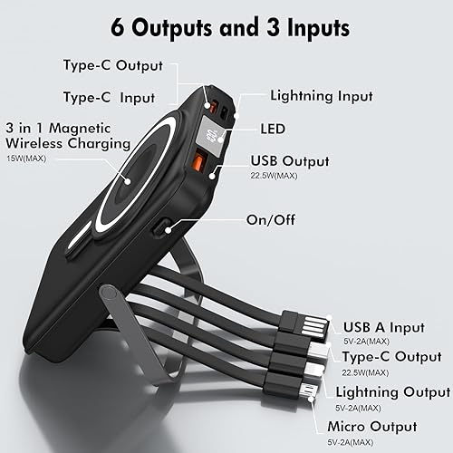 Miniatura 3 de Cargador portátil inalámbrico de 10000 mAh, banco de energía magnético 3 en 1 con cables incorporados, pantalla LED de carga rápida de 22.5 W,