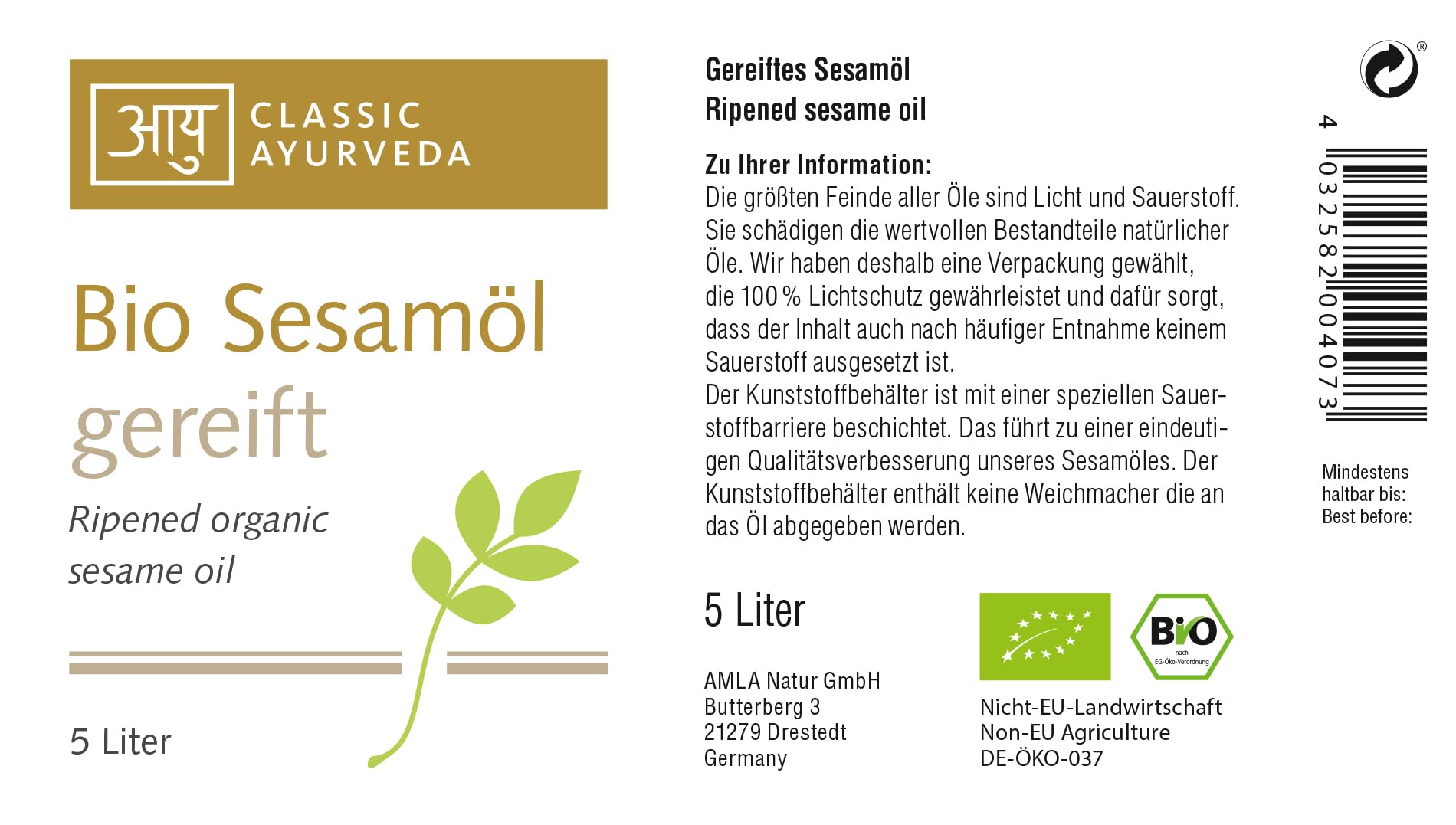 Classic Ayurveda - Olio di sesamo biologico maturato in tanica – 5 l – Olio da massaggio per il massaggio quotidiano – 100% puro olio maturato da prima spremitura a freddo