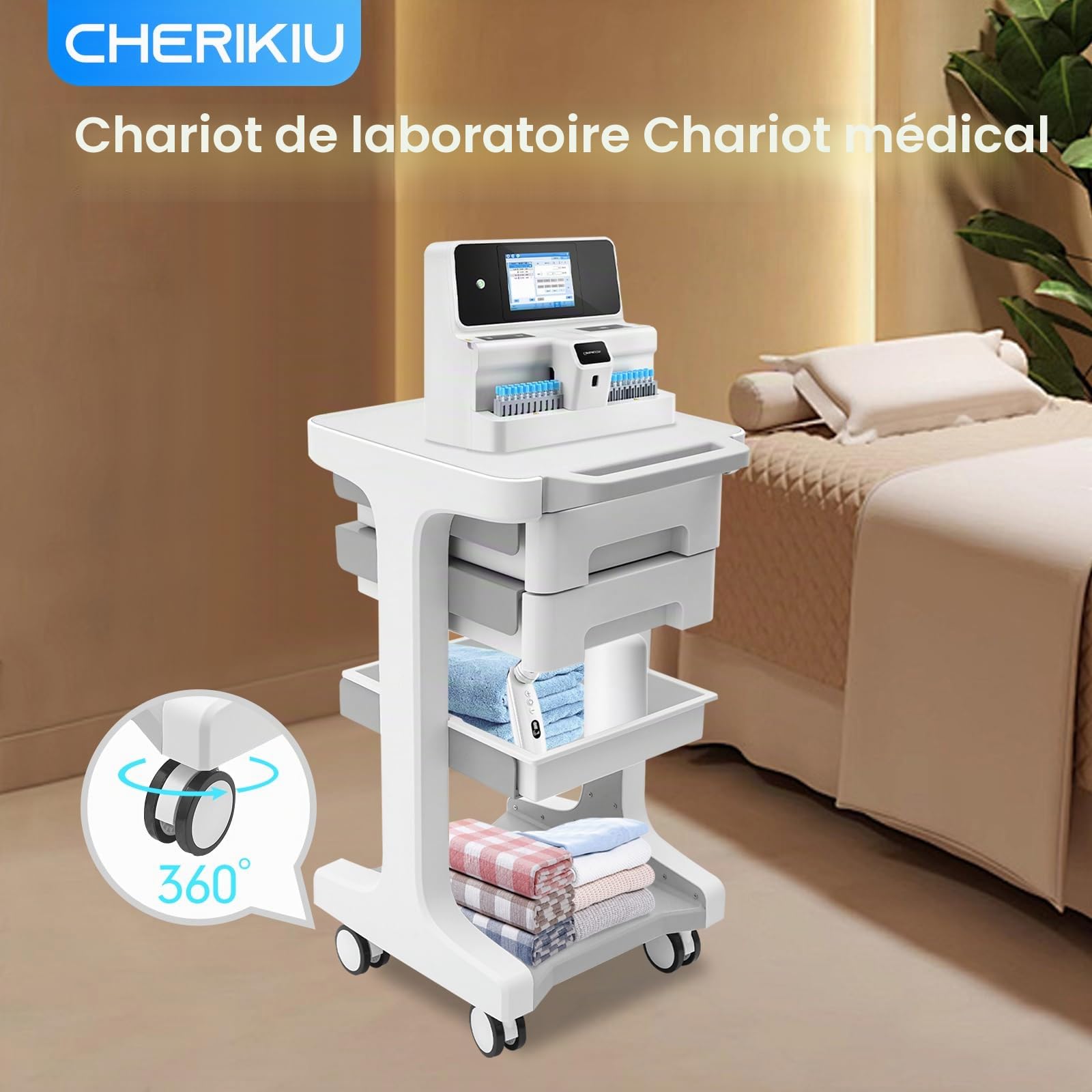 Chariot de laboratoire avec 2 tiroirs et étagère supérieure - 60 kg - Chariot de rangement - Chariot de rangement - Chariot de coiffeur - Chariot de travail - Chariot de service pour clinique et salon