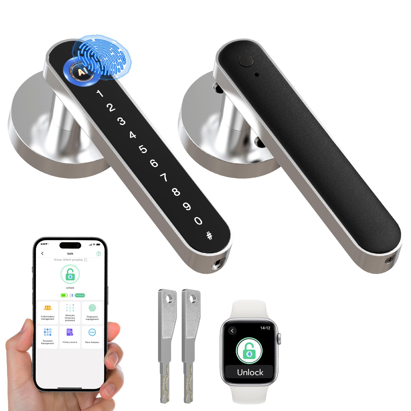 Anweller 5-in-1 Smart-Türschloss, Fingerabdruck-Türschloss mit Code-App, schlüsselloser Zugang, intelligentes Schloss mit Türgriff für Schlafzimmer, Zuhause, Hotel, Büro, Silber
