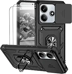 Capa para Redmi Note 14 5G (Não aplicável a 4G) Capinha | com 2 peças de protetor de tela temperado com janela deslizante da câmera e suporte para telefone incluídos - Preto