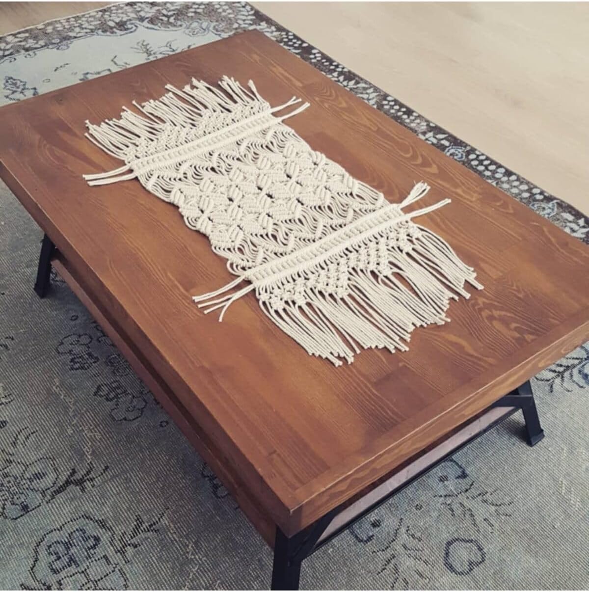 Macrame Table Runner Ecru Cream Handmade Coffee Table Decor 18x55 in - ekru, krem