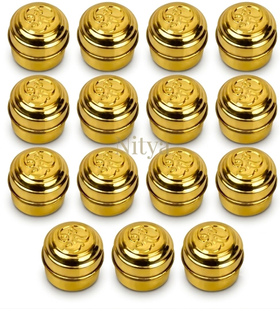 Nitya Decorative multipurpose pure Brass pital Kumkum chandan haldi Sindoor Box, Traditional Roli Chawal Puja item Container, dibbi,dabbi with OM design cap,Set of 15, Gold-image-13