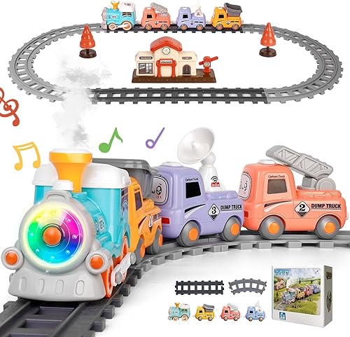 Juego de tren para niños pequeños con humo, música y luces - Juego de tren de vapor eléctrico magnético Choo Choo con pistas de camión para niños