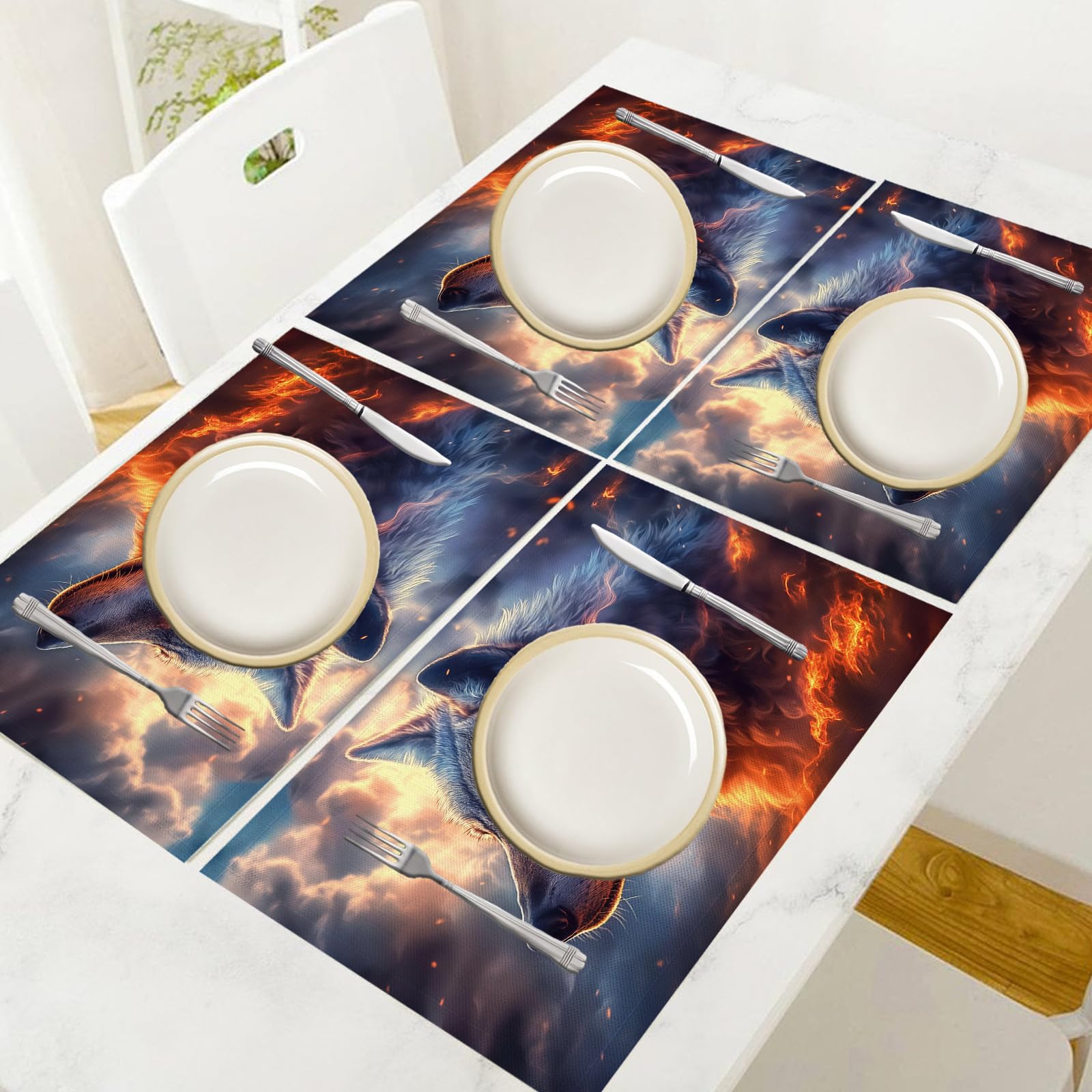 Tovaglietta Americana Lupo di fiamma in Cotone Lino Rettangolare - Tovagliette Set di 8 Animale Resistente al Calore per La Cucina, Il L'Ufficio, 30 x 45cm
