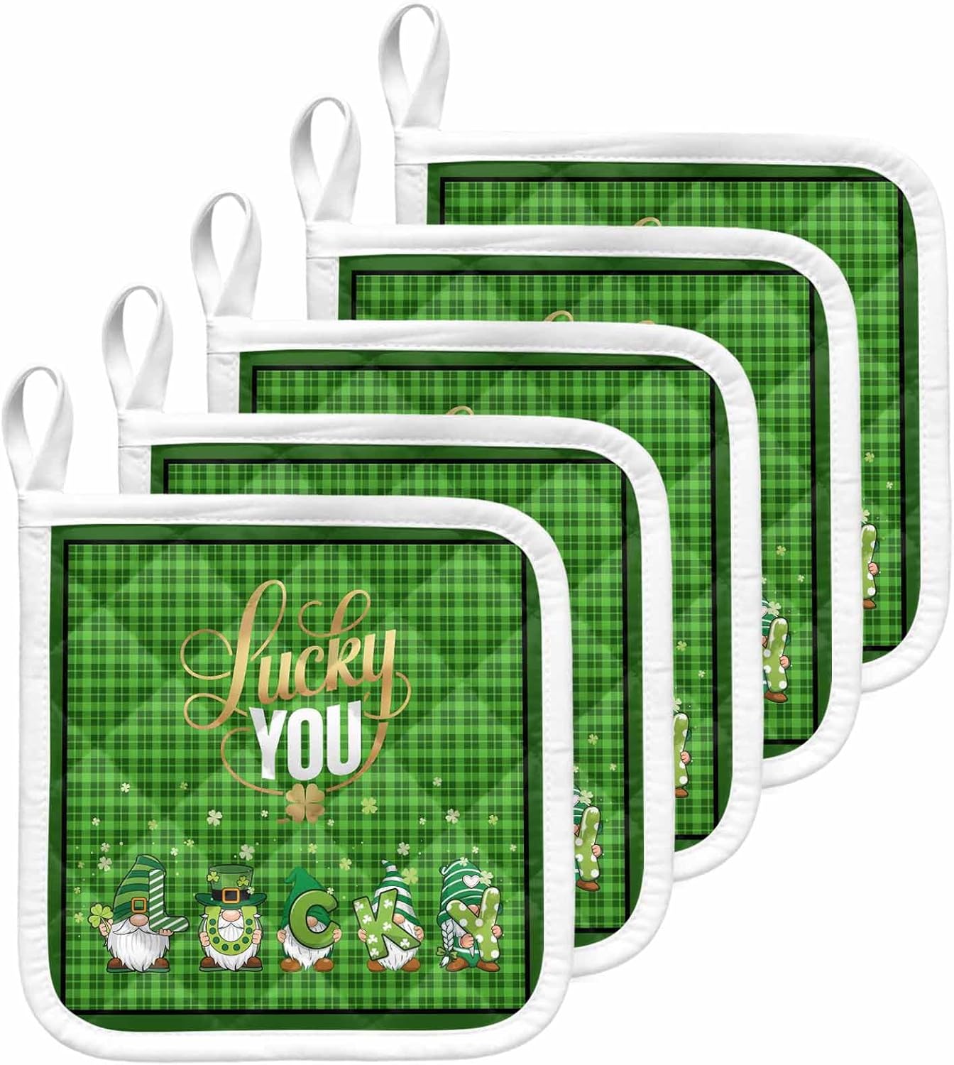 5 Pack Pot Holders for Kitchen, St. Patrick's Day Hot Pads for Kitchen Countertops Oven Pot Holder Bulk, Lucky Gnomes Shamrock Green Plaid Heat Insulation Potholders with Hanging Loops