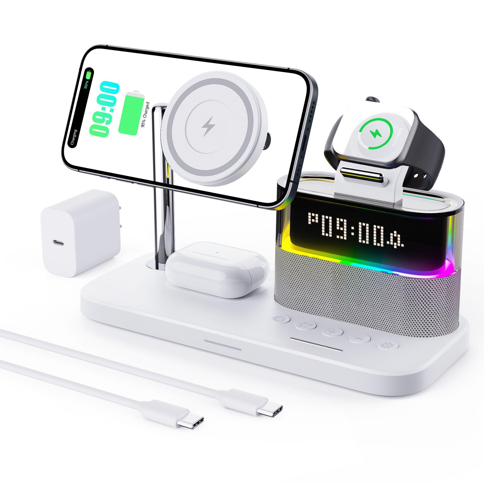 5-in-1-Kabellader mit Wecker, kabellose LadeStation mit Nachttischlampe kompatibel mit iPhone 17 16 15 14 13 12 Pro Max, kompatibel mit Apple Watch und Earbuds, Enthält einen 33W-Adapter Weiß