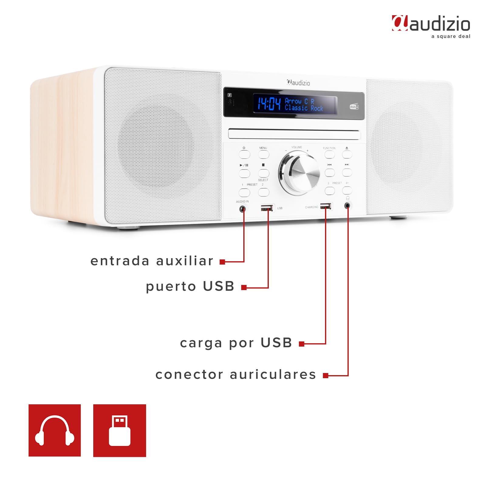 Audizio Prato Sistema Musical Todo-en-uno. Radio FM y Dab+, Bluetooth 4.0, USB, Reproductor de CD, Reloj, Alarma, Display con dimmer, presets de Sonido, Salida de Auriculares - Color Blanco