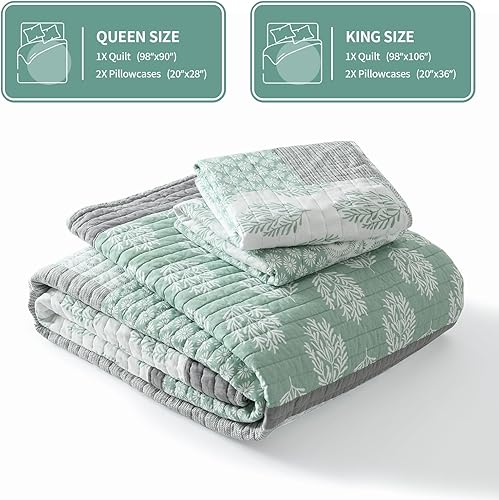Miniatura 5 de KALOOLA Juego de edredón de retazos verdes, 100% algodón, juego de ropa de cama Queen de 3 piezas, colcha reversible de verano floral Queen, colcha