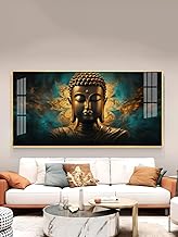 The Next Decor Lord Buddha Golden Glass Finish Horizontal Wall Art | Decorative Painting for Living Room, Bedroom, Dining Room (60 X 30 X 2 cm)