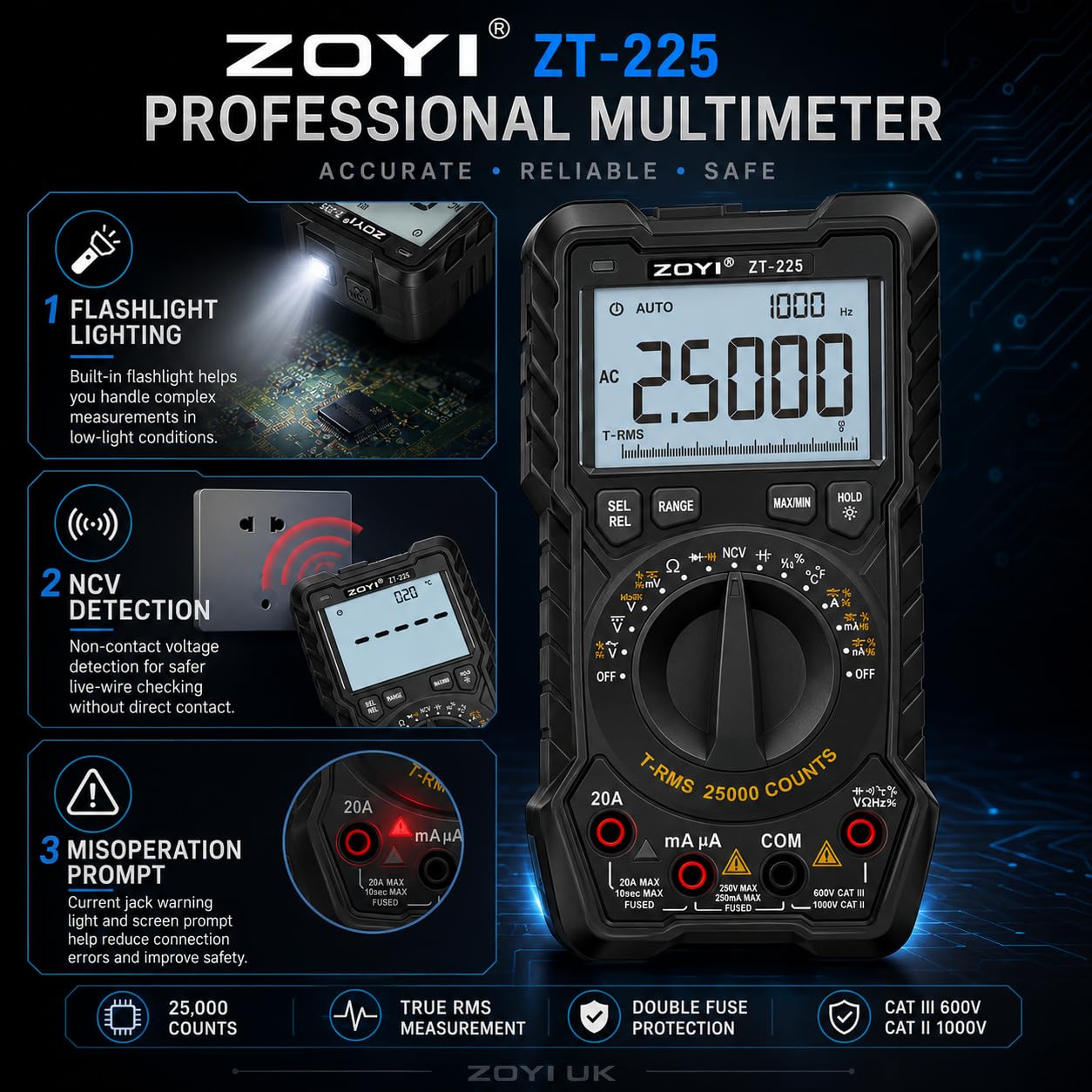 ZOYI ZT‑225 - Multímetro digital profesional, función de voltaje de fusión CA+CC, 25,000 unidades, 20 A, rango automático/manual, probador de voltaje verdadero RMS, NCV, temperatura, onda cuadrada