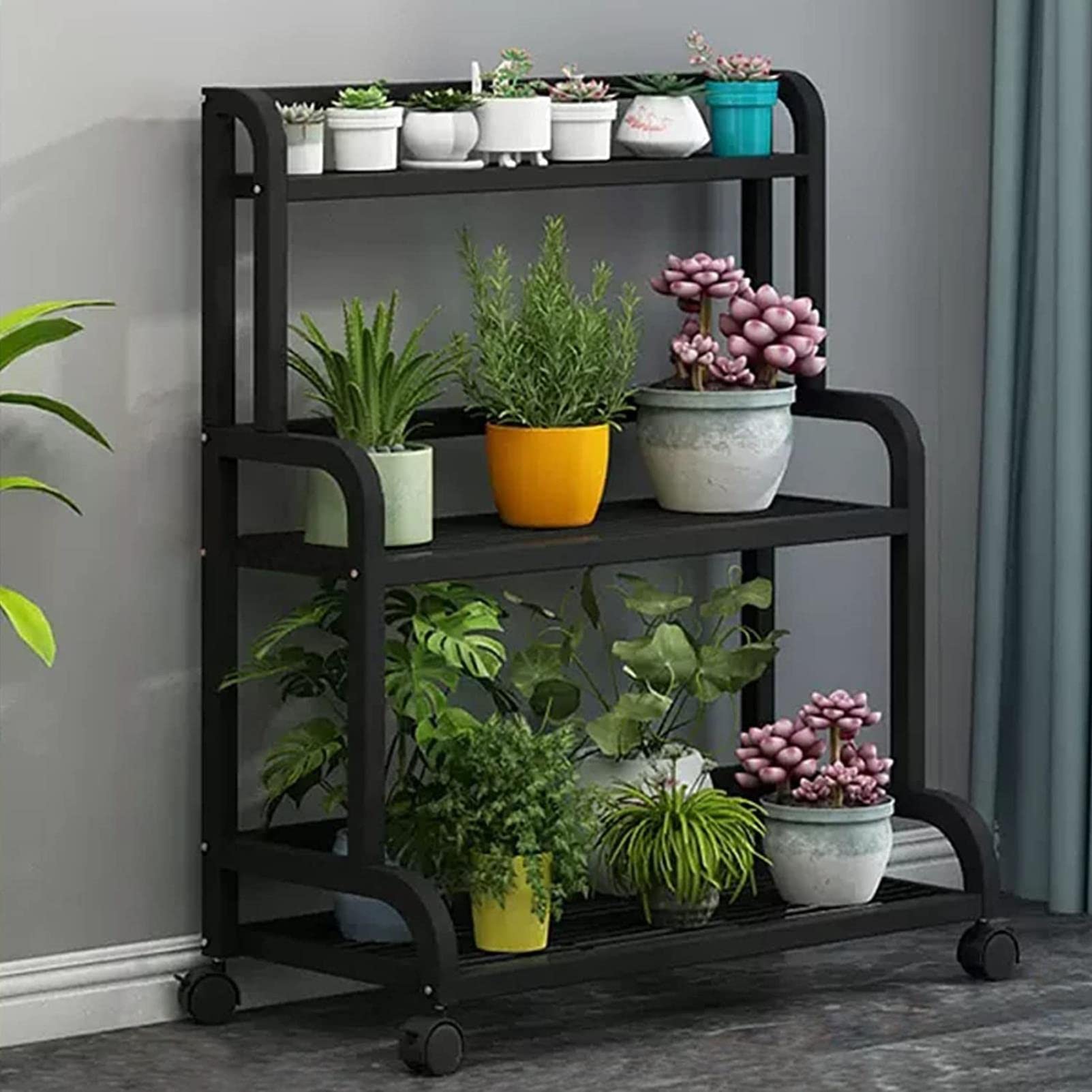 Support échelle de jardin à 3 niveaux pour bonsaï extérieur et intérieur - 107 cm de haut - Support en métal noir
