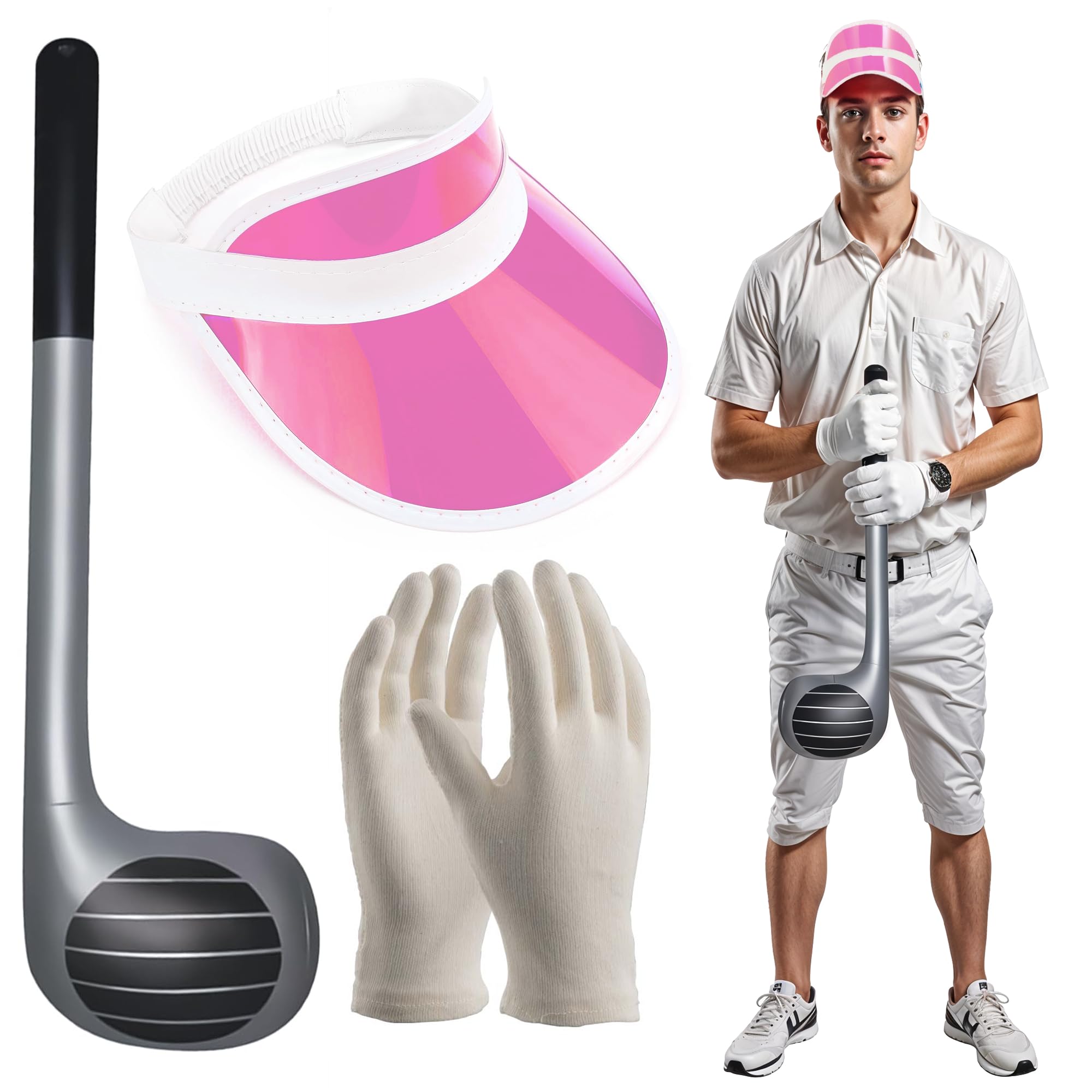 Angies Fashion Pub Golf Golfer Golfing Pink Visor Hat Cap, Inflatable Club & Gloves Fancy Dress Hen Stag Night