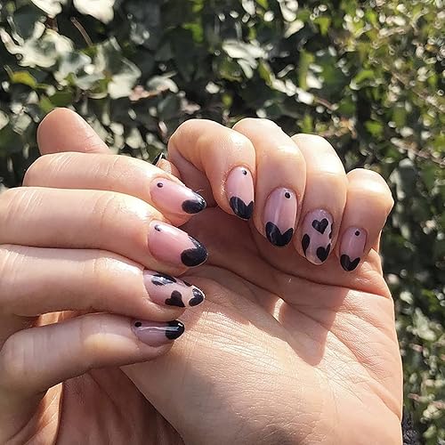 Uñas postizas a presión para el día de San Valentín, uñas postizas cortas de almendra, corazón negro, punta francesa, uñas postizas acrílicas con