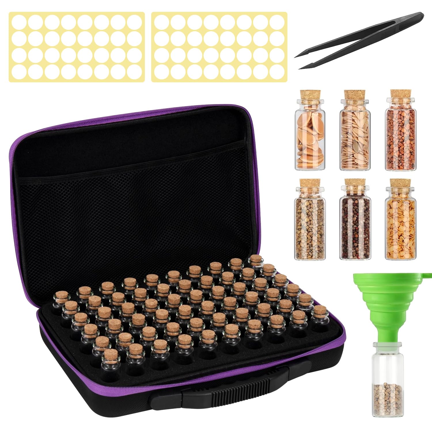 60 Slots Seed Storage Organizer, Portable Seed Organizer Storage Box with Zipper Bag Label Stickers Tweezer and Funnel, Glass Seed Storage Container for Garden Vegetable Plant Flower