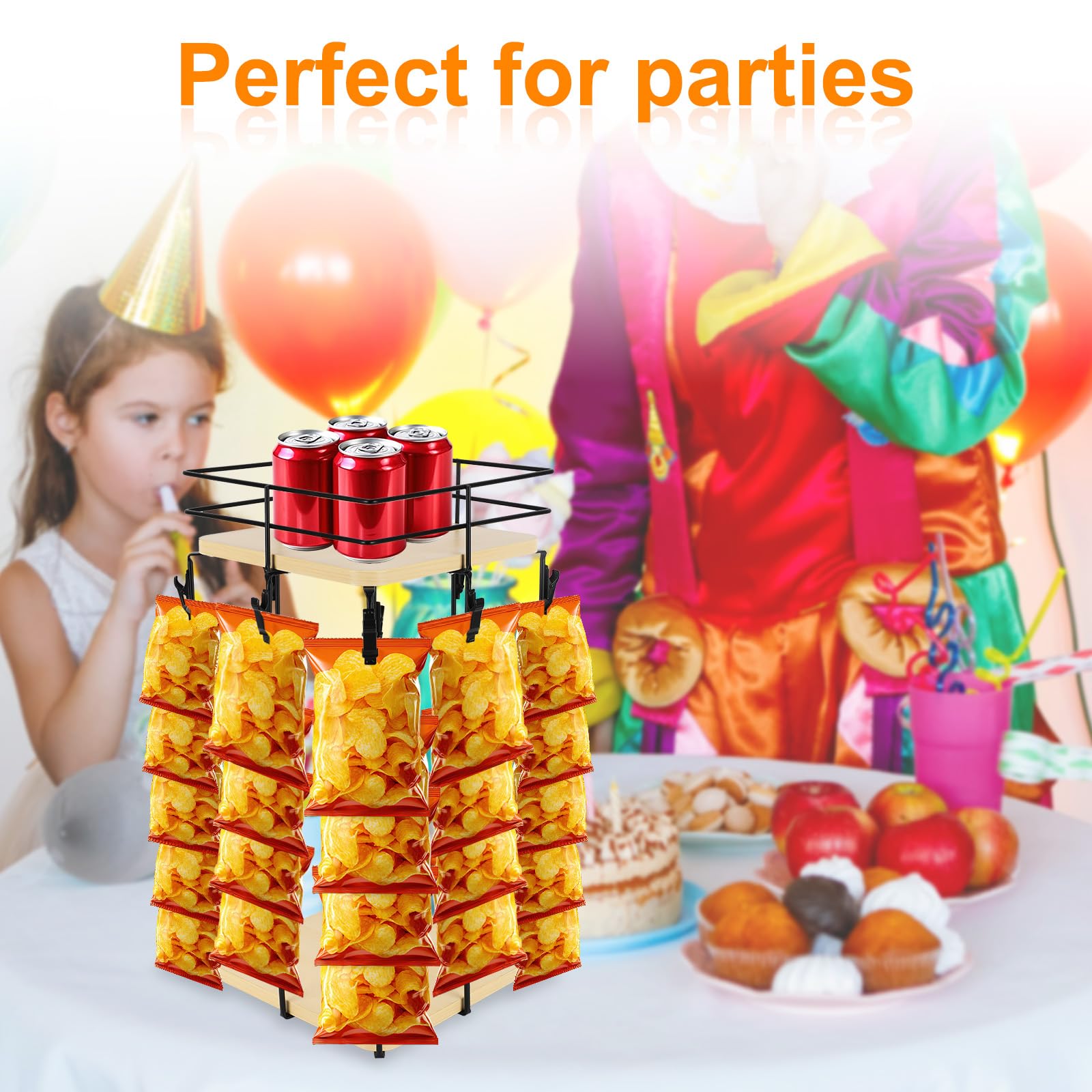 Penitue Porta Patatine, 8 Ripiani 40 Clip Girevole a 360 Gradi Espositore per Snack con Cestello Portaoggetti Superiore Organizer Snack per Patate Patatine Caramelle Bevande Feste Ufficio