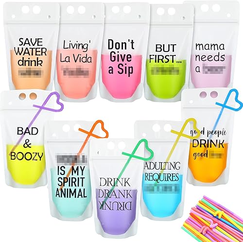 40 bolsas de bebidas con pajitas para adultos, bolsas de plástico divertidas para bebidas con cremallera, bolsas de jugo transparentes para fiestas,