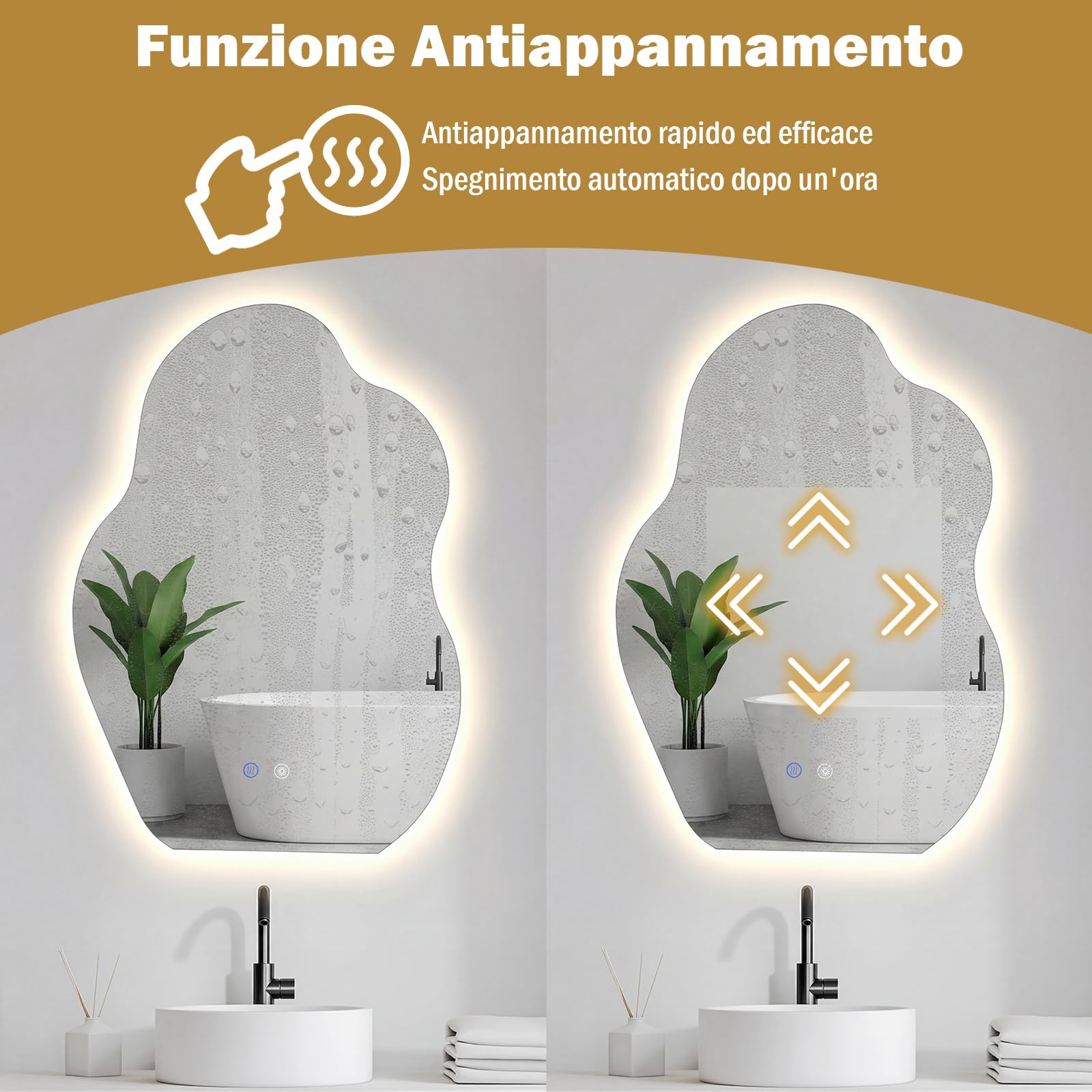COSTWAY Specchio Irregolare Bagno con Luce 70 x 50 cm, Specchio Retroilluminato Bagno LED con Antiappannamento, Dimmerabile, 3 Colori Luce, Funzione Memoria, IP44, HD Vetro Temperato