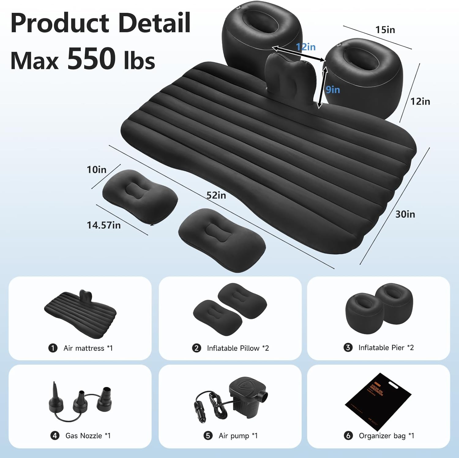 Thickened Inflatable Car Bed Air Mattress with Safety Side Wedge/Built-in Air Pump & 2 Pillows/Back Seat Camping Sleeping Pad for SUVs and Sedans/Portable Foldable Airbed for Travel/Black