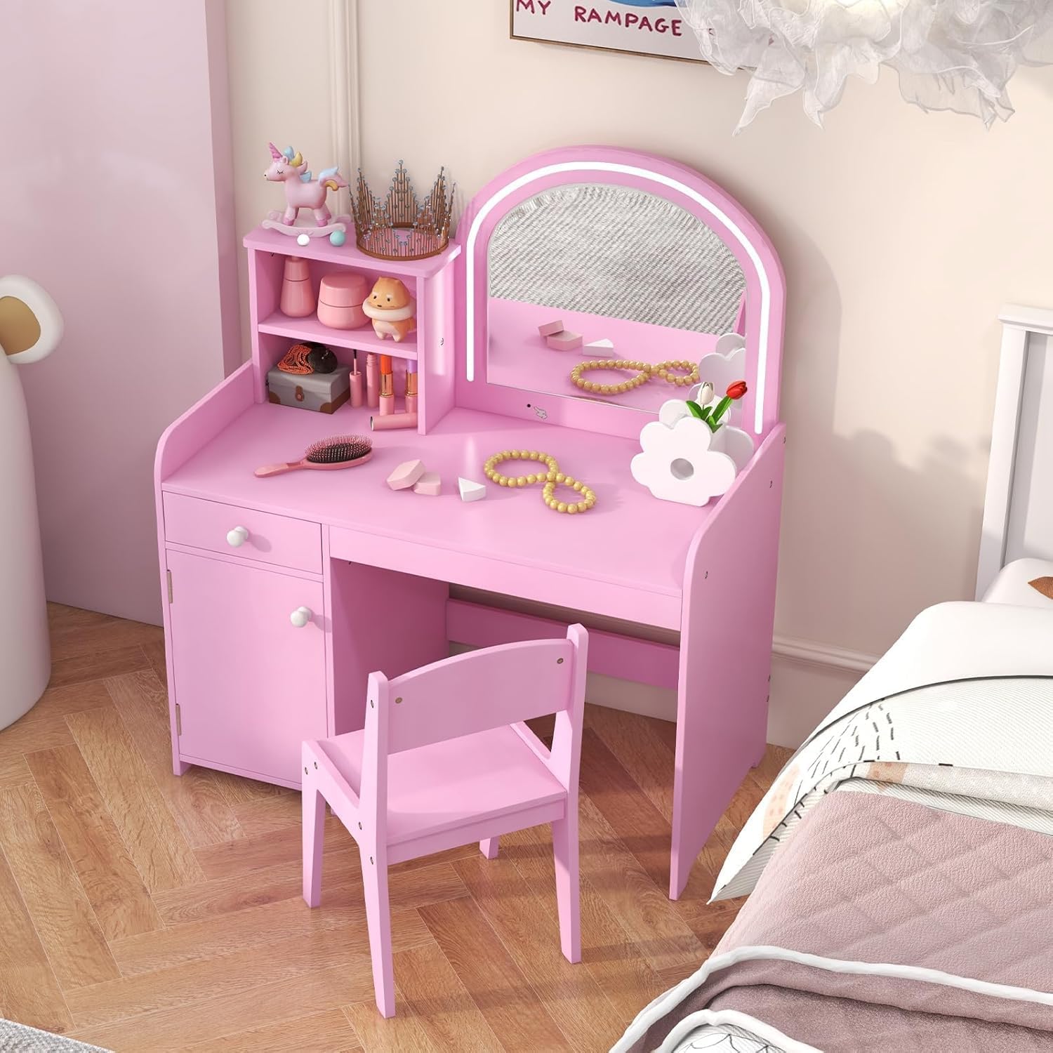 Kids Vanity with Lights, Kids Makeup Vanity w/Open Storage Shelves & Drawer, Wooden Princess Play Vanity Table, Toddler Vanity Set, Girls Vanity Set with Mirror and Chair (Pink)