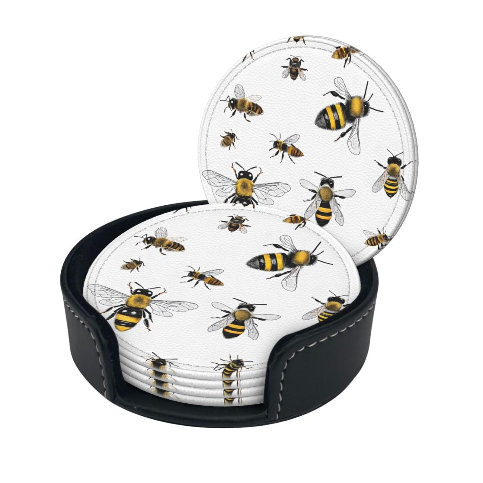 Funny Bees Print Coaster,Round Leather Coasters with Storage Box for Wine Mugs,Cold Drinks and Cups Tabletop Protection (6 Piece)