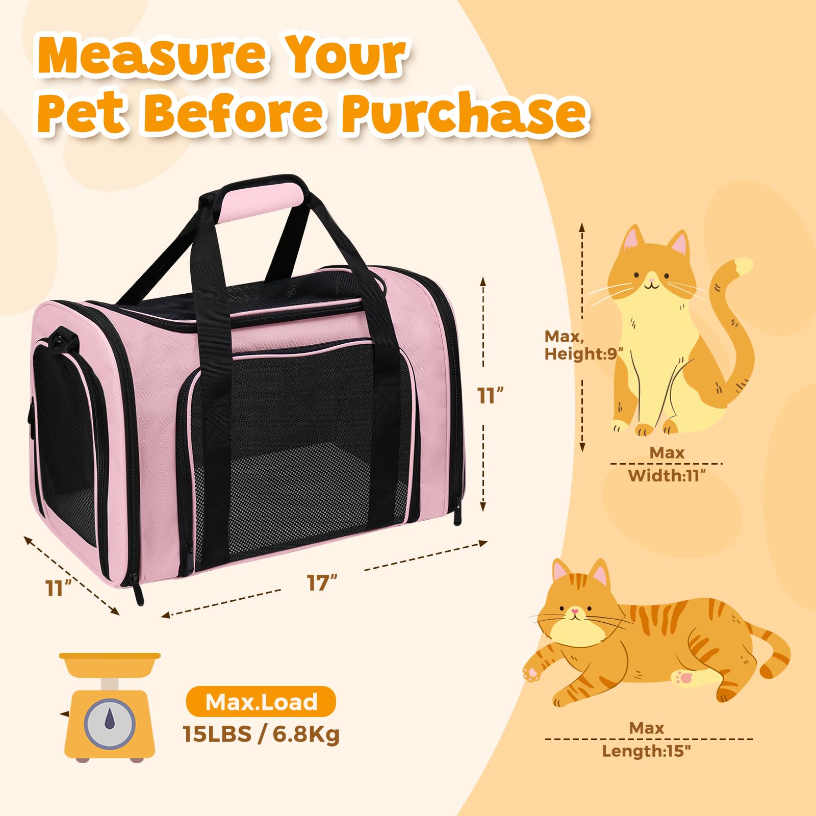 Haustier-Tragetasche, 43,2 x 27,9 x 27,9 cm, für kleine, mittelgroße Katzen, Hunde, Welpen bis zu 6,8 kg, weiche Seite, zusammenklappbar, für Reisen, Rosa