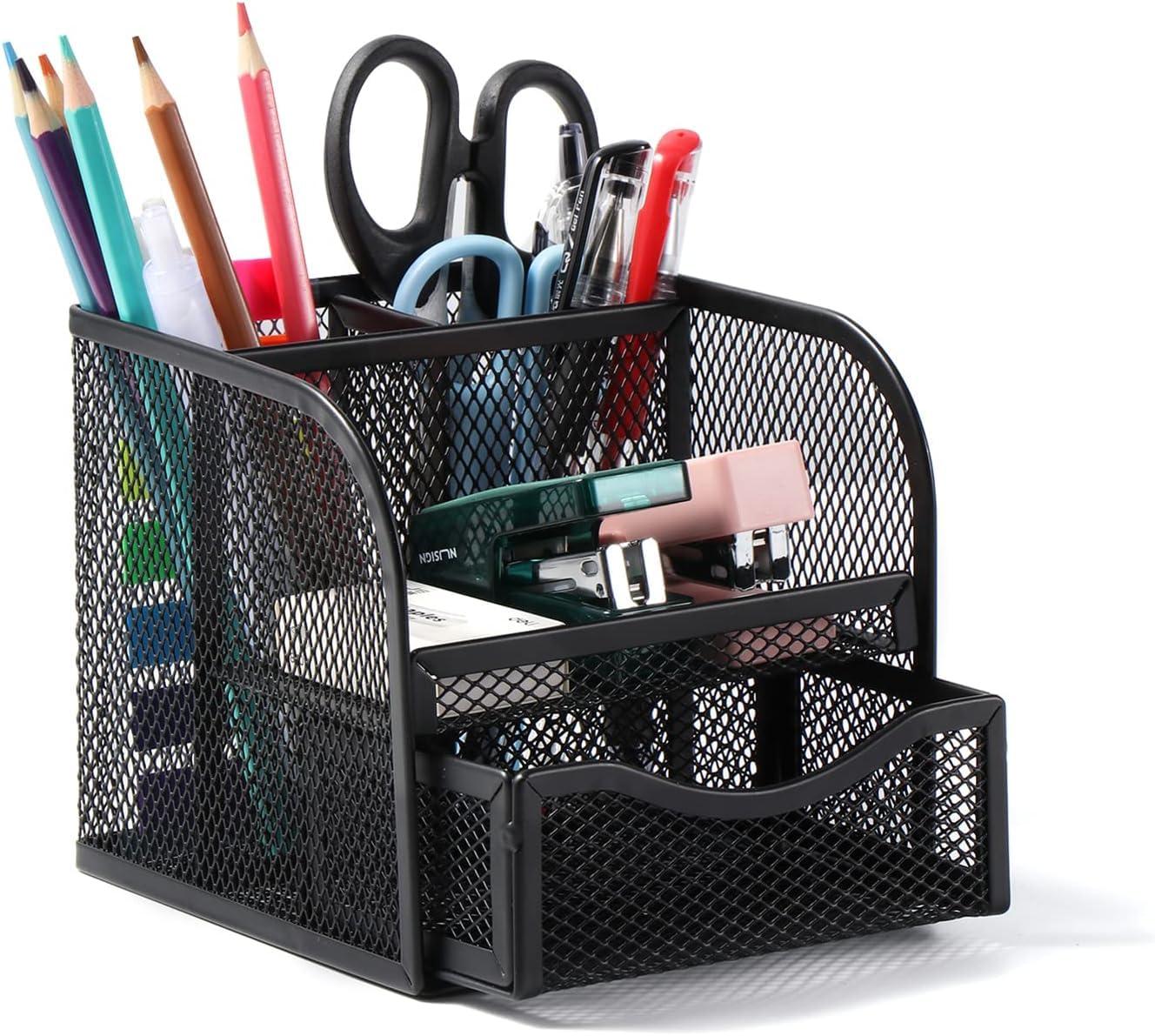 Vinabo Organizer Scrivania, Portapenne da Scrivania in Rete Metallica, Portapenne Organizer Scrivania Ufficio con 4 Scomparti di Ordinamento, Porta Penne per Casa, Scuola, Uffici (Confezione da 5)