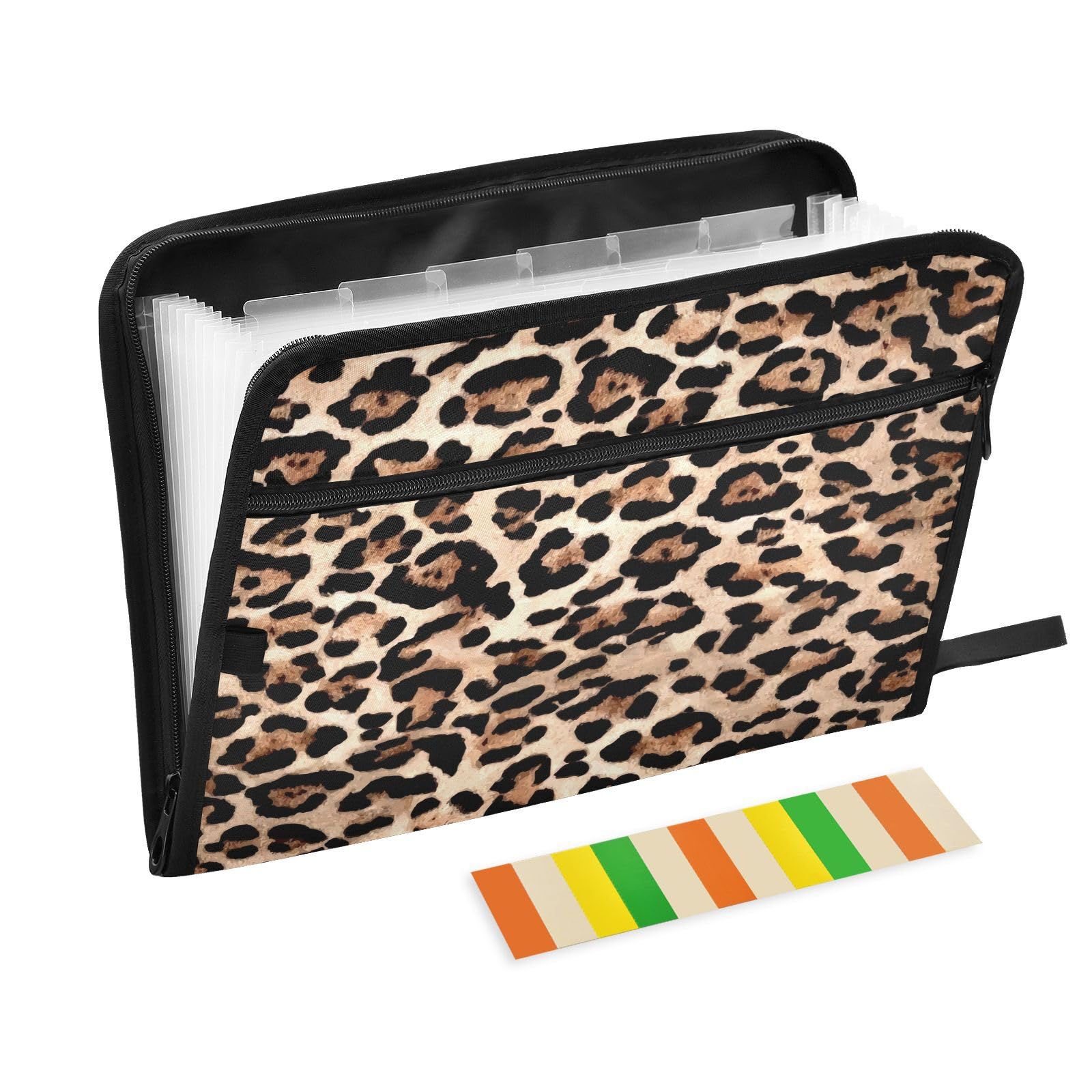 Quteprint 13 Pockets Expanding File Folder with Zipper Closure, African Animal Leopard Print Accordion File Folder with Sticky Labels, Letter Size A4 Papers Expandable File Document Organizer