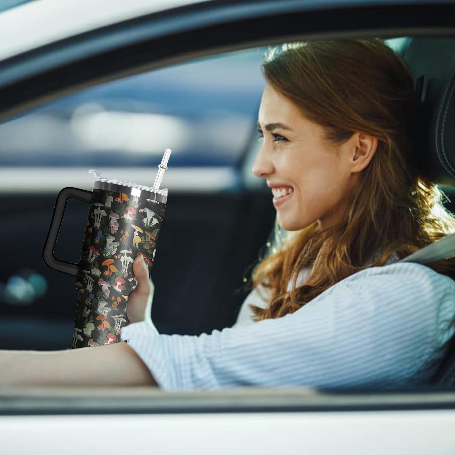 Mushroom Tumbler with Handle and Straw, 40 oz Stainless Steel Insulated Cup with Lid and Straw,Travel Coffee Mug Water Bottle, Birthday Christmas Mothers Day Gifts for Animal Lovers Women - Image 6