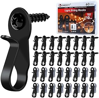 60 Pack String Lights Hooks, Stainless Steel Outdoor String Lights Hanger Clips with Screw & Adhesive Strips, Christmas Light Clips for Outside Holiday Decor, Fairy Led Lights Plants Wind Chimes Black
