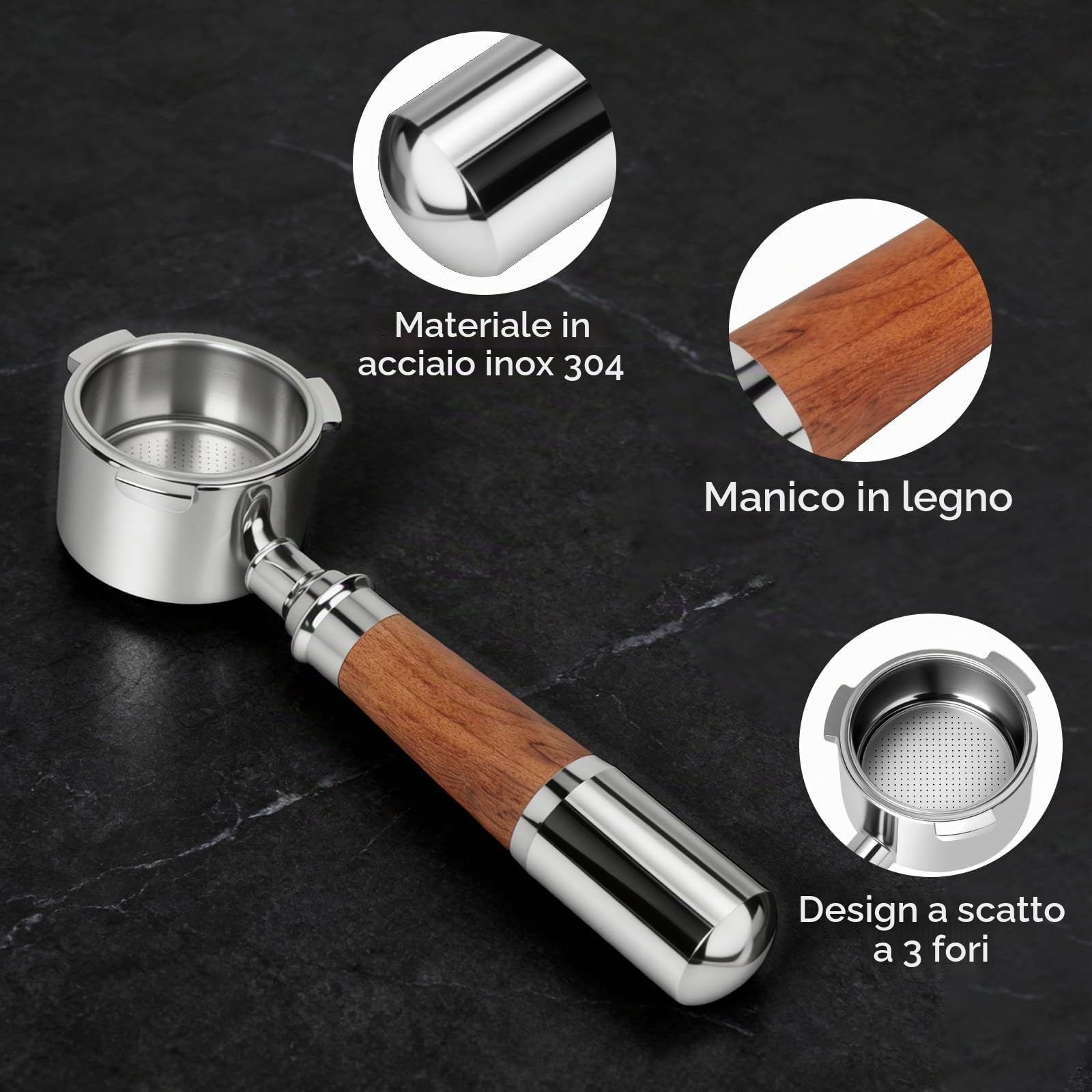 Romon Filtro Delonghi Macchina Caffè, Portafiltro 51mm con Manico in Noyer, Compatibile con Modelli Delonghi EC680/EC685/EC885/EC890, 3 Orecchie