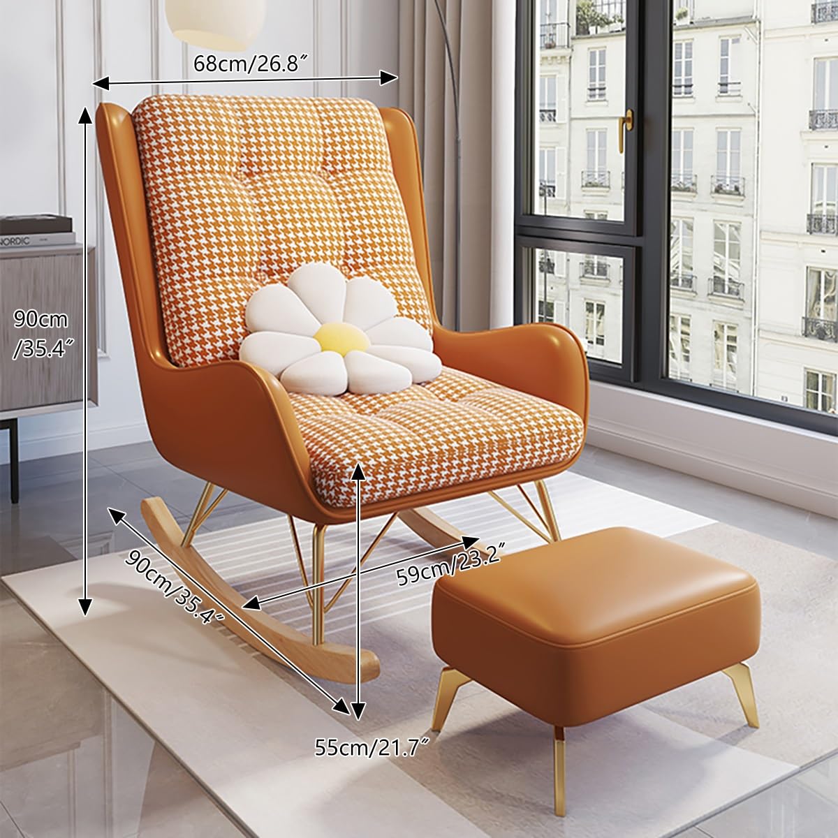 Oversized Rocking Chair with Cushion, Modern Accent Rocking Chair with PU and Solid Wood Legs, Rocking Chairs with Ottoman, Honeycomb Three-Dimensional Backrest for Bedroom, Living Room(Black)