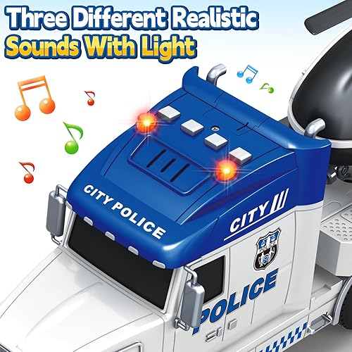 Miniatura 4 de SpringFlower Juguetes para niños pequeños de 3, 4, 5, camión de policía extra grande con coche de carreras y helicóptero, juguete de coche de
