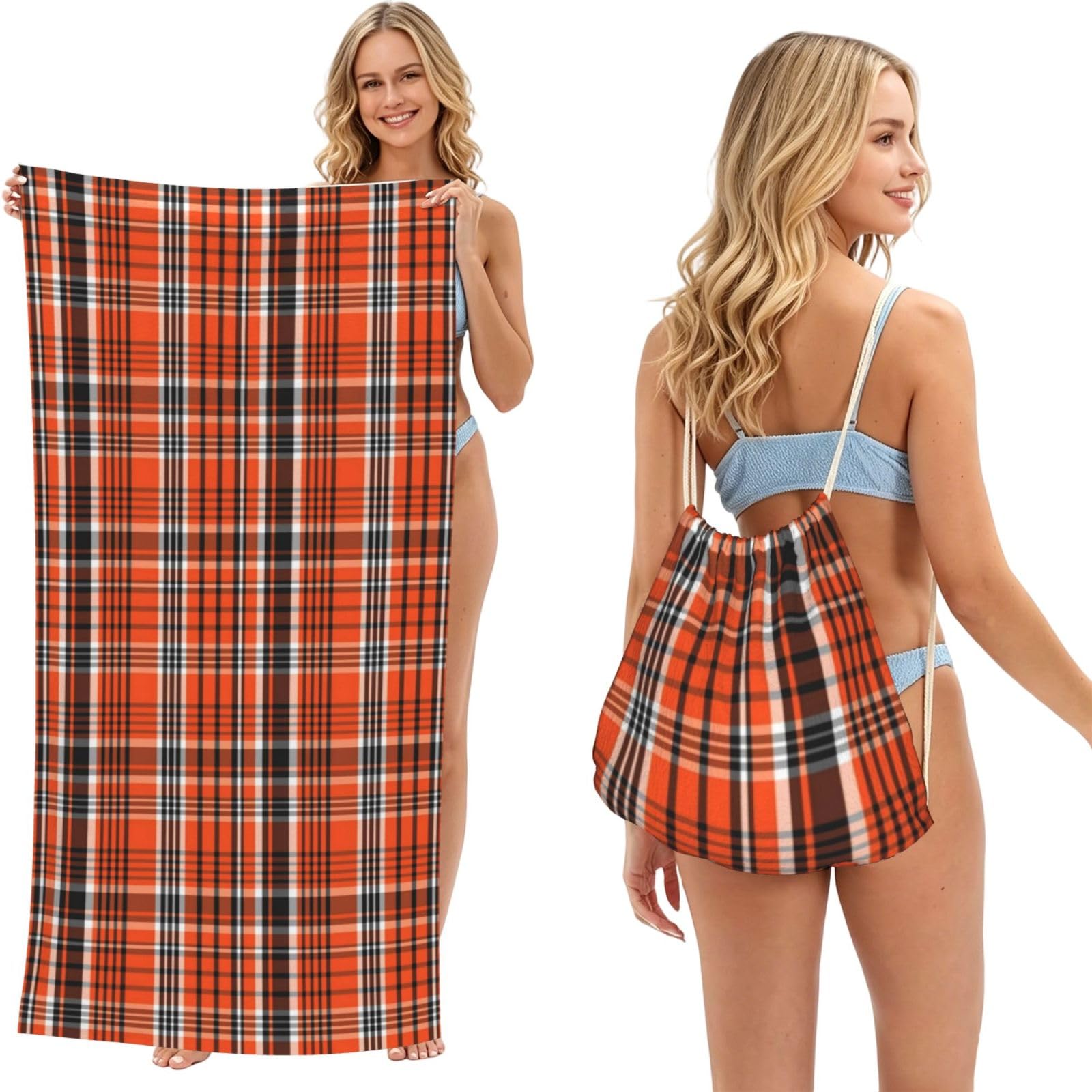 Poadnly As Picture The Orange And The Black Plaid, 2 In 1 Packable Towel Bag, Beach Towels With Drawstring Backpack For Travel Holiday Camping