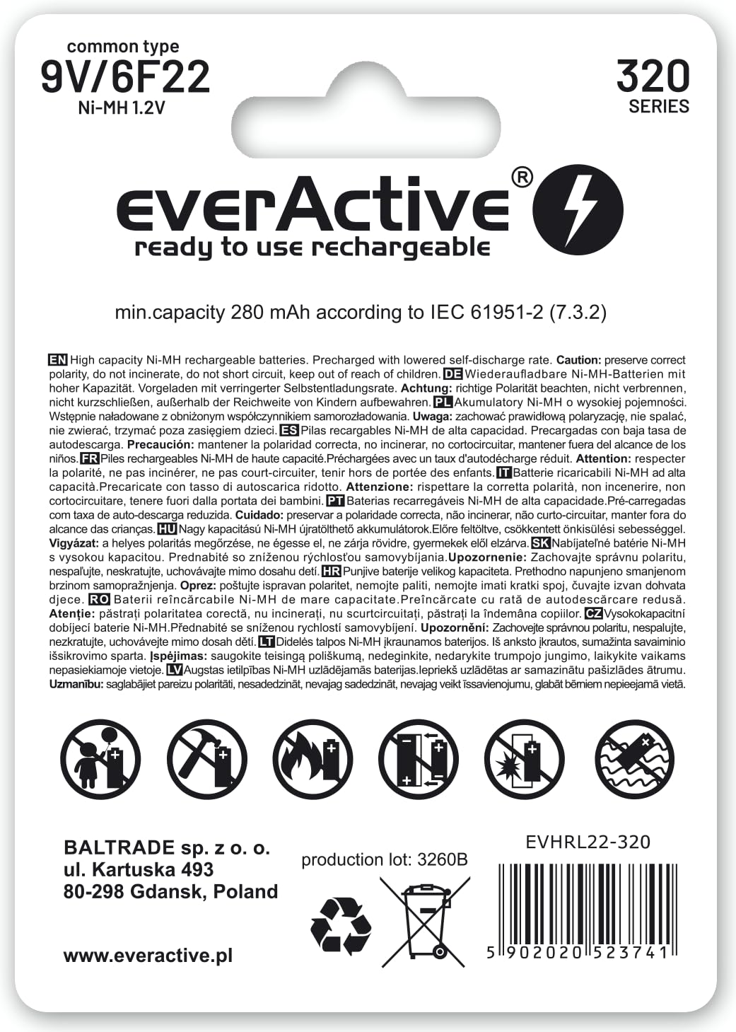 EverActive Akumulator Ni-MH Blokowy do Wielokrotnego Ładowania, Biały, 320 mAh