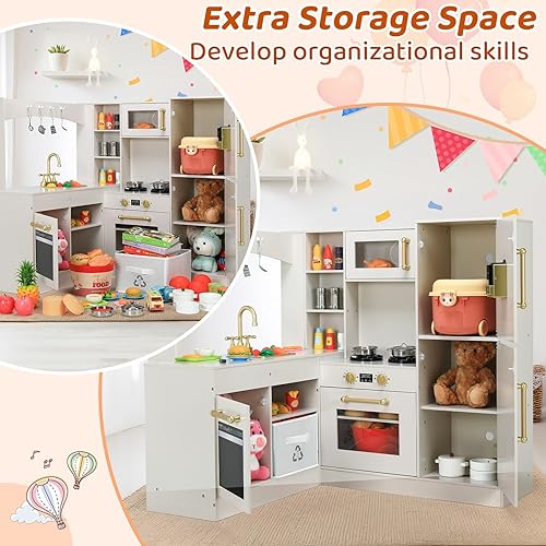 Miniatura 6 de Arlopu Cocina esquinera de madera con luces y sonidos, juego de juguete de cocina con utensilios, horno, microondas, estufa, dispensador de agua