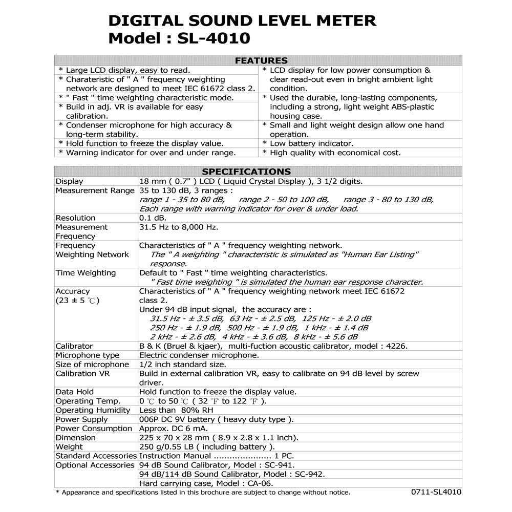 SL-4010 – Medidor de nivel de sonido clase 2 (30-130 dB) – Adecuado para sitios de construcción, oficinas, control de ruido industrial, ideal para auditorías acústicas y entornos HVAC.