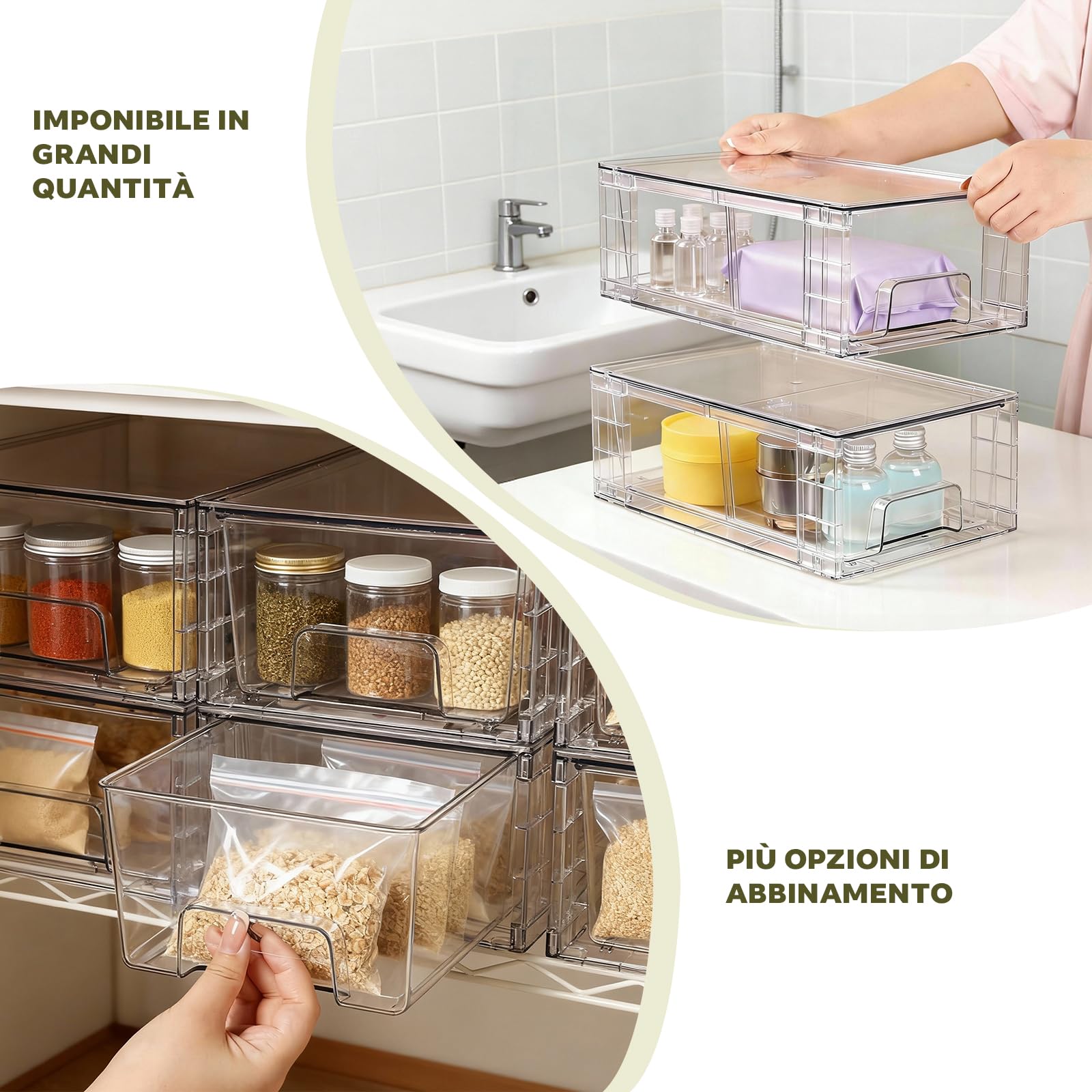 Set 4 Cassetti Organizzatori Impilabili con Divisorio – in Acrilico Trasparente per Scrivania, Trucco, Cucina, Bagno & Soggiorno