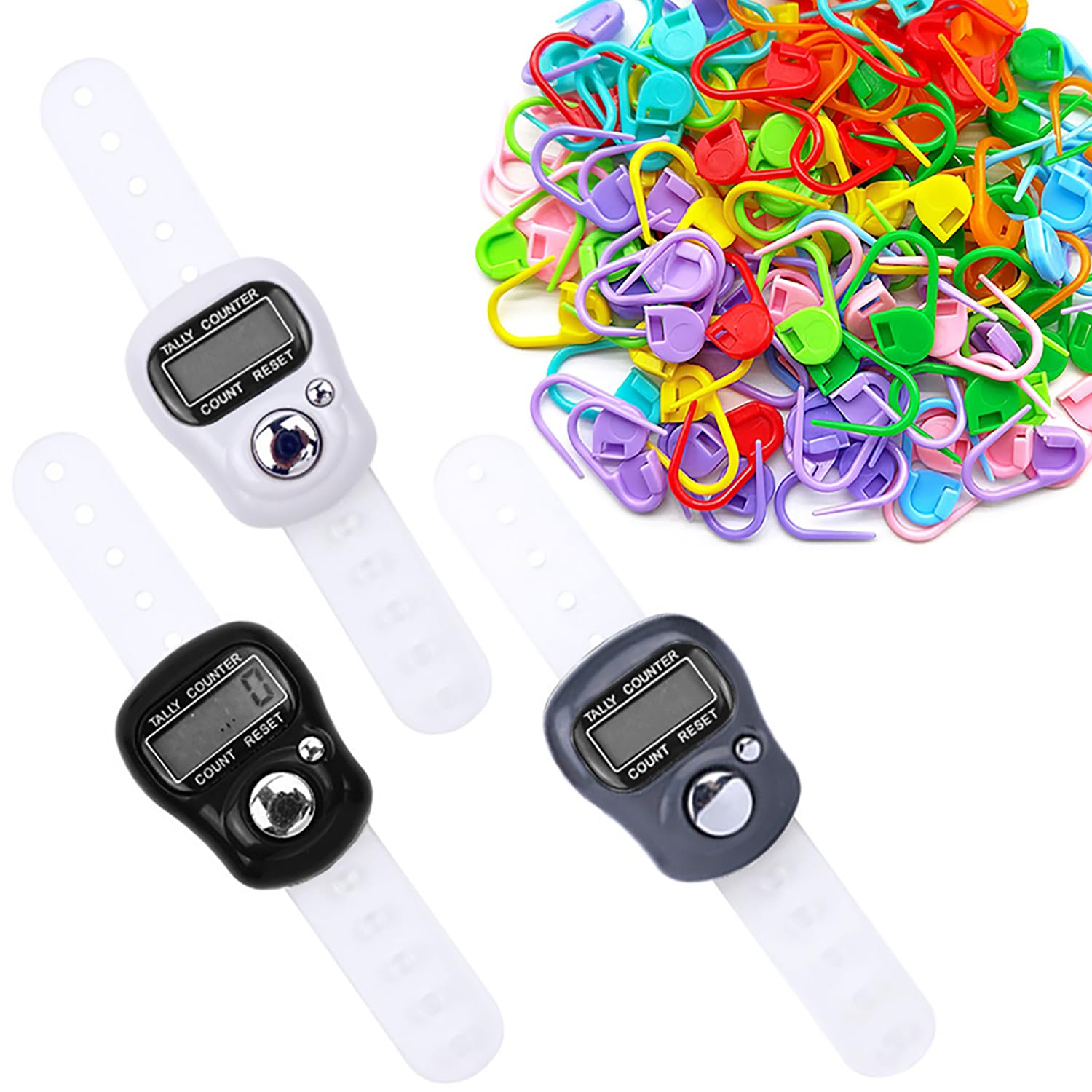 3 Pcs Electronic Finger Counter with 50-piece Knitting Positioning Mark Buckle, Hand Tally Counter Tally Lap Counter, Suitable for Weaving and Sports