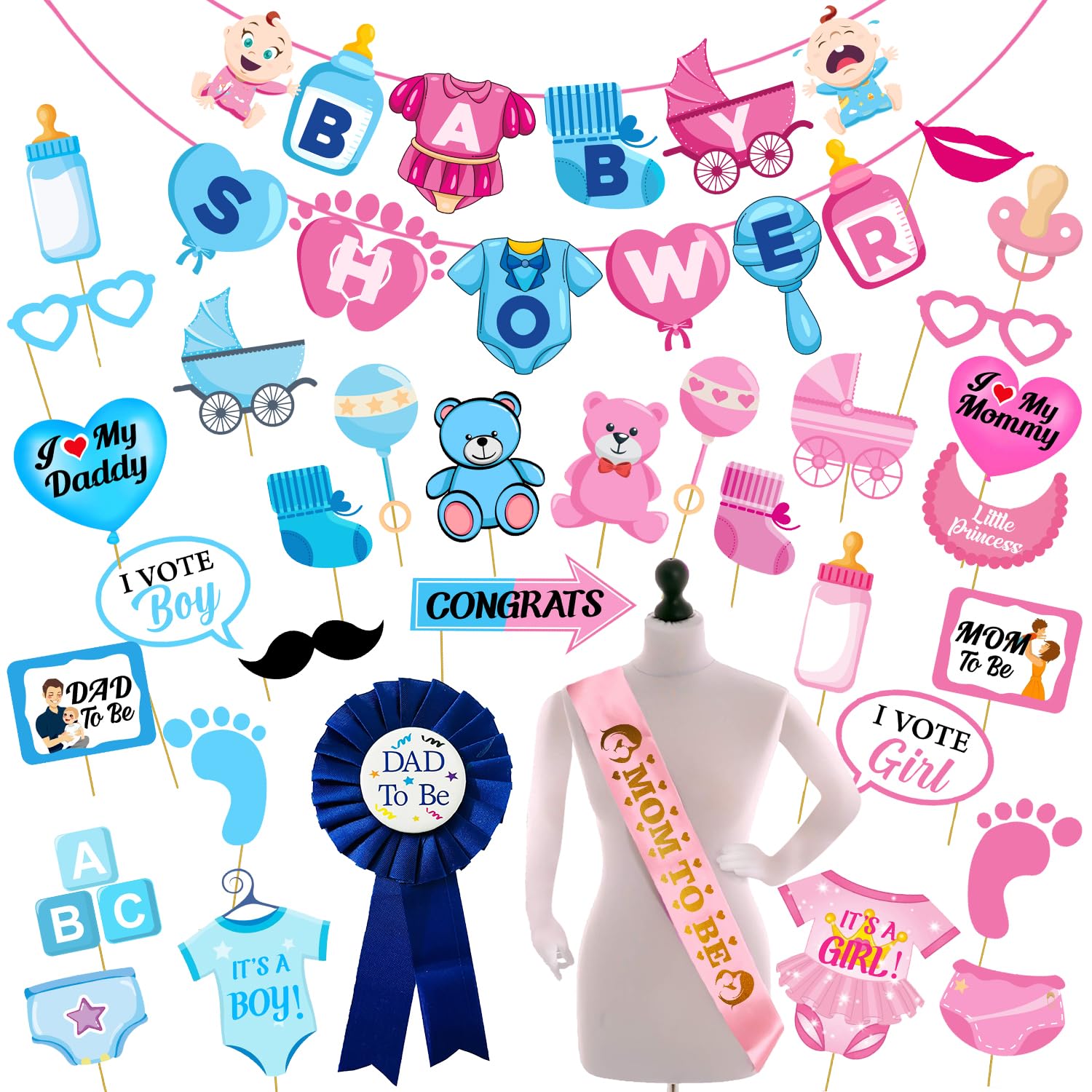 Zyozique ® Baby Shower Decorations Combo | Baby Shower Party Supplies Kit | Paper Banner , Photo Booth Props, Dad To Be Badges & Mom To Be Sash (Pack Of 33)-image-19