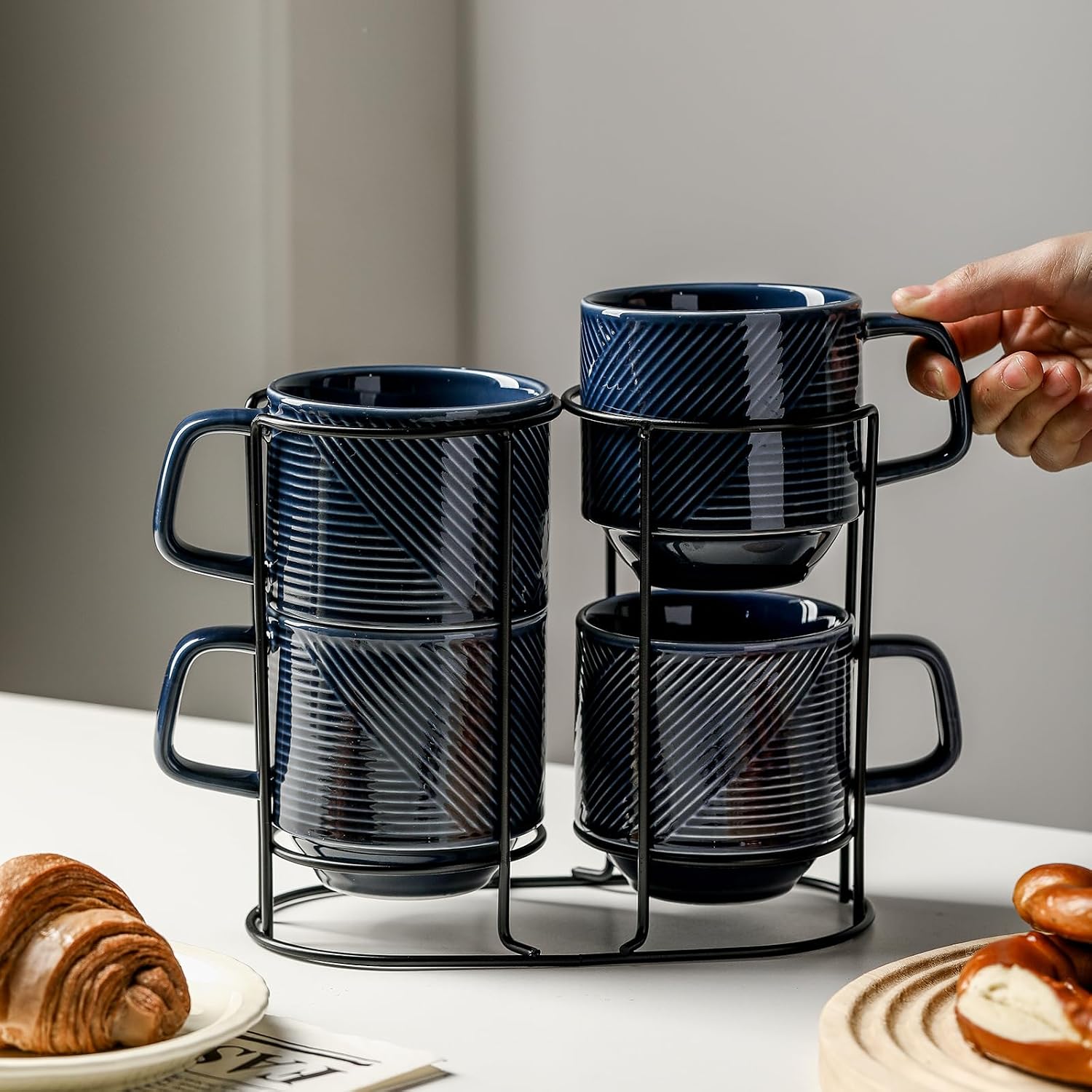 Stackable Coffee Mugs with Rack, 13 oz, Navy image 2