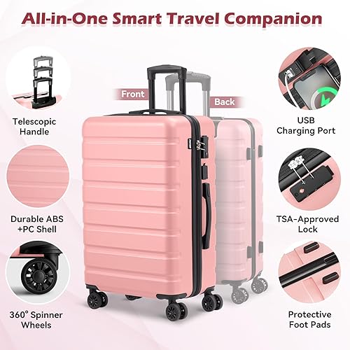 Miniatura 3 de AnyZip - Equipaje de mano de 21" con carcasa dura PC ABS, maleta ligera con USB, ruedas y candado TSA, Rosa