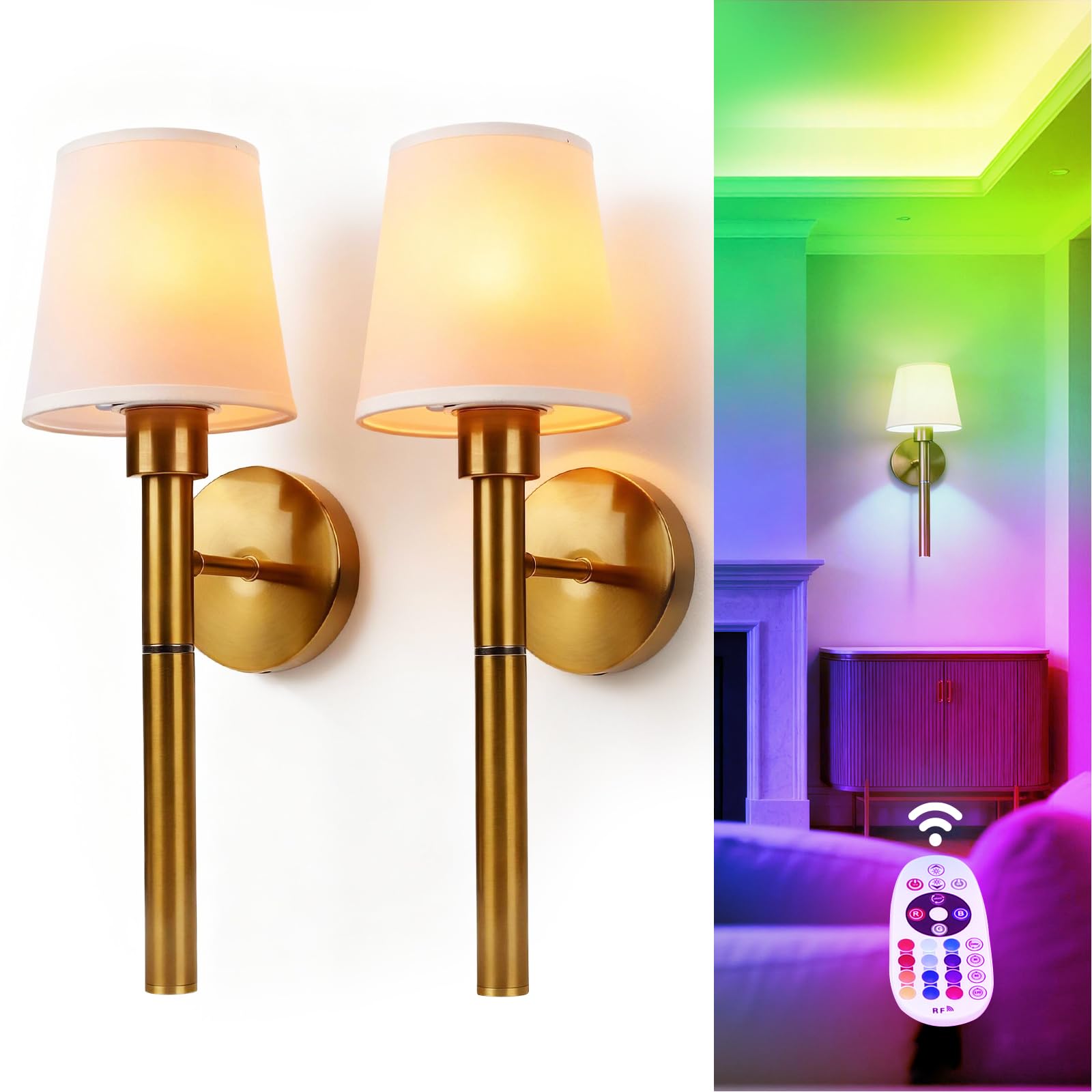 Tomshine Battery Operated Wall Sconce Set of 2, Wall Lights with Remote - Dimmable RGB LED Bulbs,9 Brightness,Timer,Color Changing Ambient Lamp Living Room Wall Light for Living Room, Hallway Decor