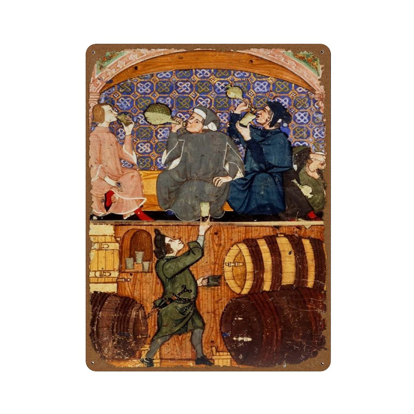 14th Century Drunken Monks Painting Vintage Beers Wines & Spirits Poster Novelty 12x16 Tin Sign Metal Poster Wall Funny Man Cave Cool Wall Door Warning Sign Metal Tin Metal Sign Vintage Style