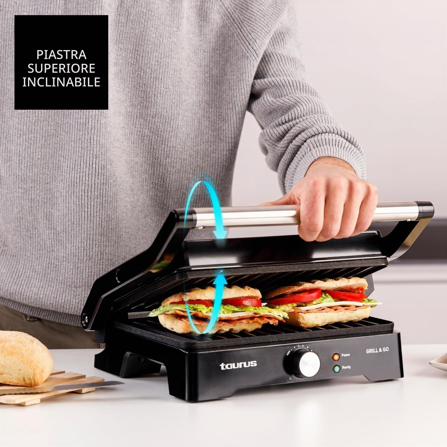 Taurus - Grill Elettrico Grill&Co GR1500X | 1500W | Piastre Antiaderenti 27,5x17,3cm | Coperchio Basculante 180º | Termostato Regolabile | Base Antiscivolo | Vaschetta Raccogligocce