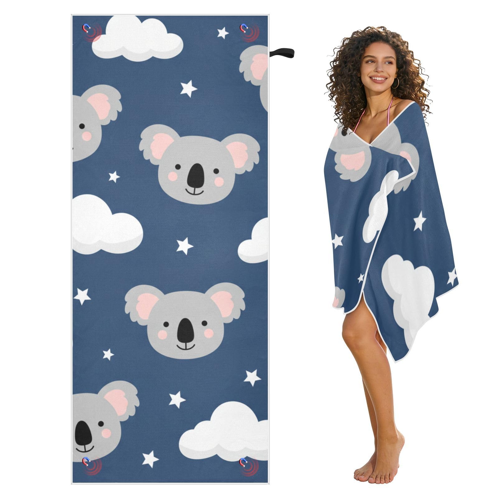 Grandes serviettes de plage avec sacs en maille pour adultes, motif koala mignon Good Night avec fermeture magnétique, serviette absorbante à séchage rapide pour piscine, camping et voyage, 190